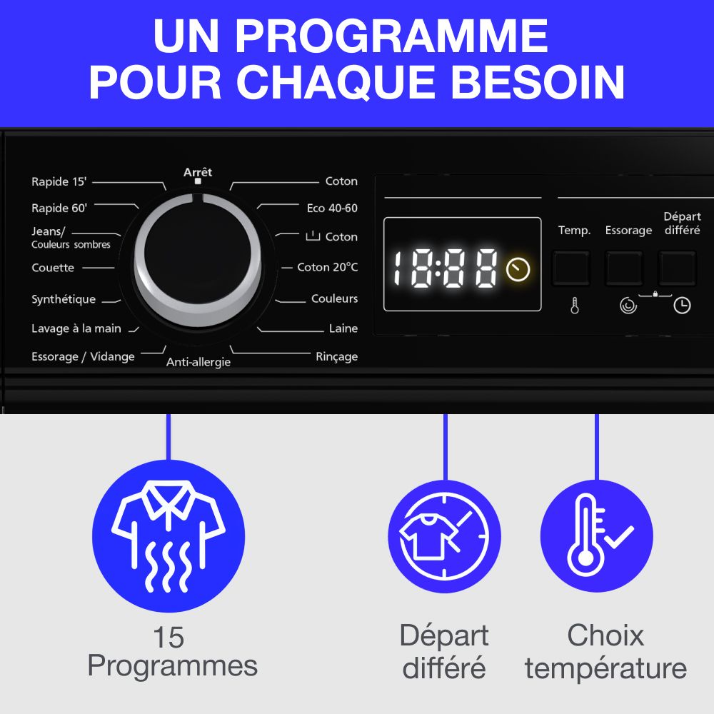 Lave-linge hublot CONTINENTAL EDISON CELL9140IB - 9kg - Largeur 59,6 cm - Classe A - 1400 trs - moteur induction - noir mat
