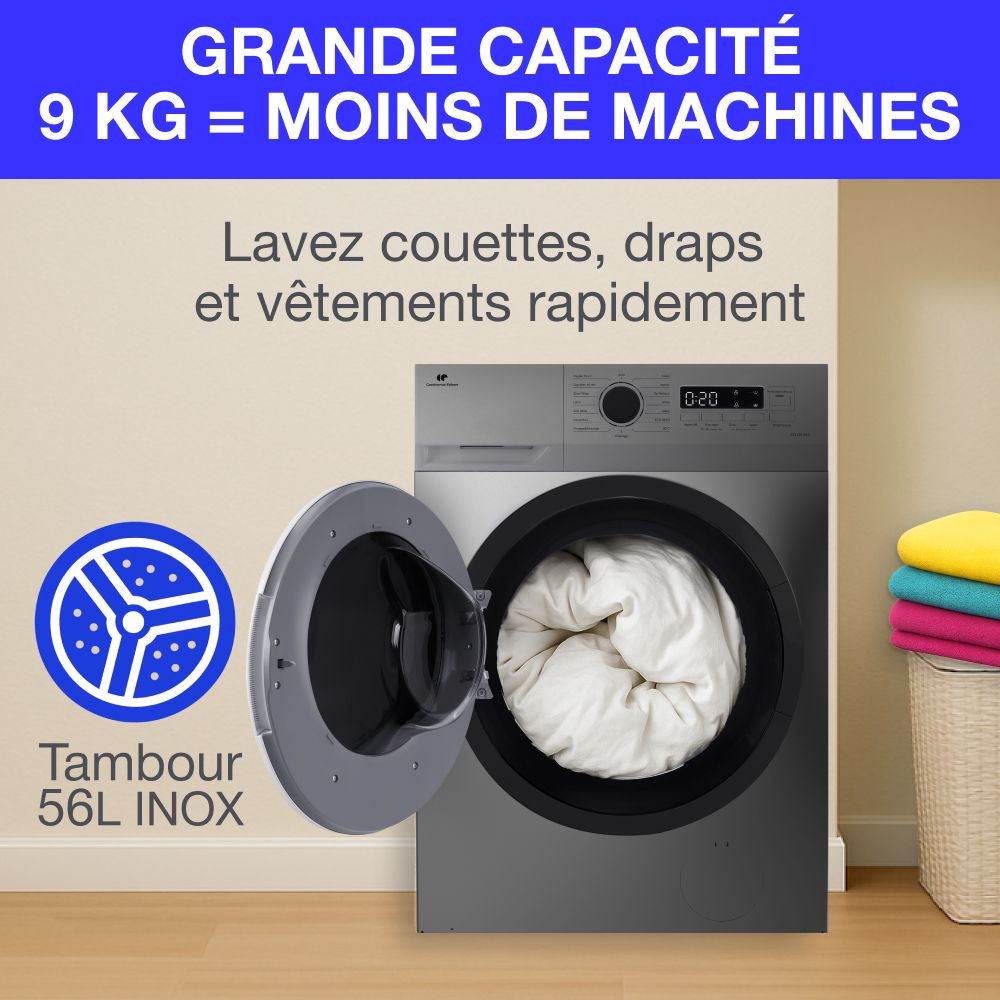 Lave-linge hublot CONTINENTAL EDISON CELL914ISS - 9 kg - Largeur 59,5 cm - Classe A - 1400 trs - moteur induction -Silver