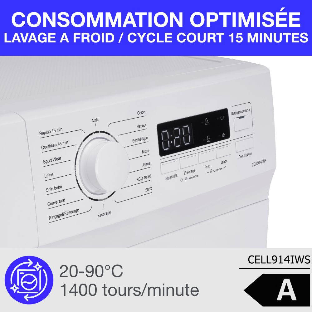 Lave-linge hublot CONTINENTAL EDISON CELL914IWS - 9 kg - Largeur 59,5 cm - Classe A - 1400 trs - moteur induction -Blanc