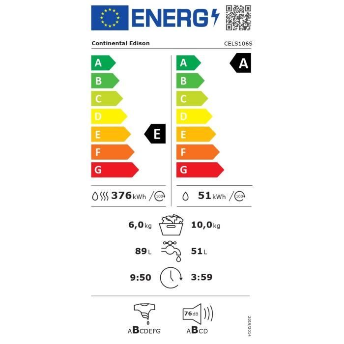 Lave-linge séchant - CONTINENTAL EDISON - CELS106S - 10kg / 6kg - Moteur induction directe - 60 cm - 1200 trs/min - Silver