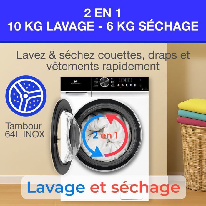 Lave-linge séchant - CONTINENTAL EDISON - CELS106W - 10kg / 6kg - Moteur induction directe - 60 cm - 1200 trs/min - Blanc