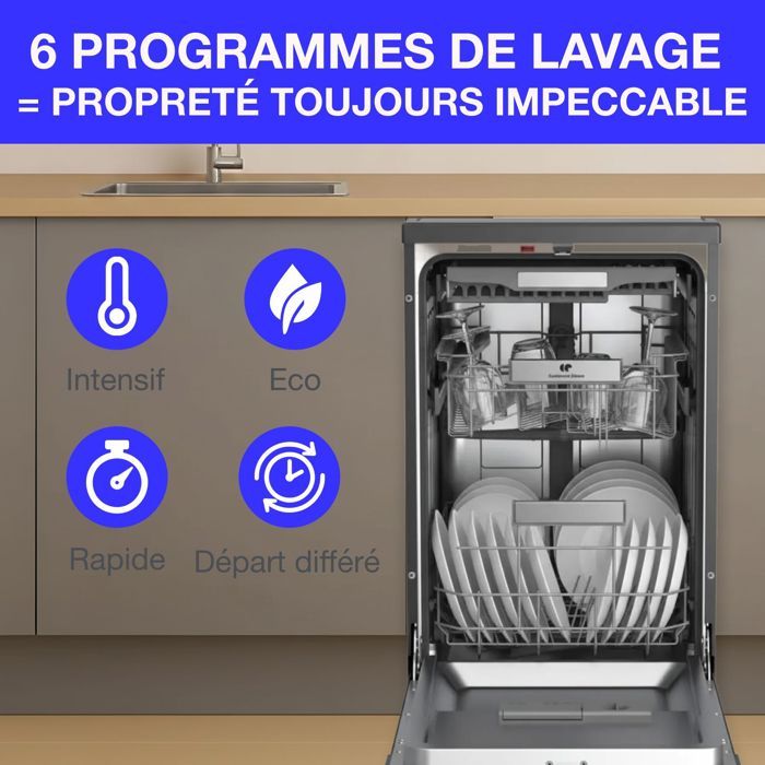 Lave-vaisselle pose libre - CONTINENTAL EDISON - CELV1145B - 11 couverts - 45 cm - 45 dB - Noir