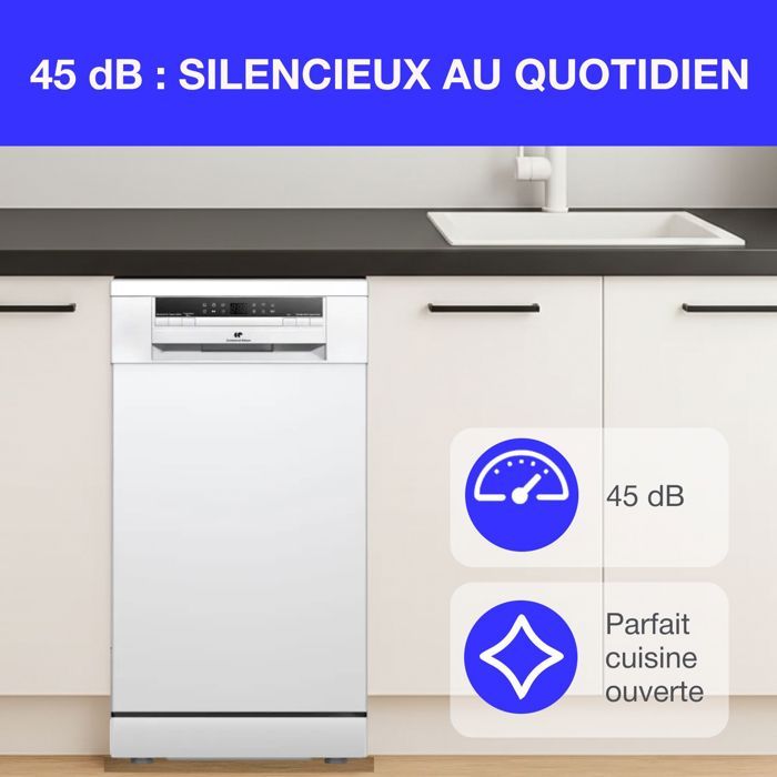 Lave-vaisselle pose libre - CONTINENTAL EDISON - CELV1145W - 11 couverts - 45 cm - 45 dB - Blanc