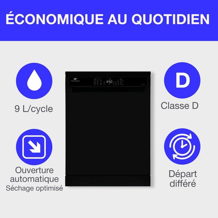 Lave-vaisselle pose libre CONTINENTAL EDISON - 15 couverts - Largeur 59,8 cm - Classe D - moteur induction - 39 dB - Noir