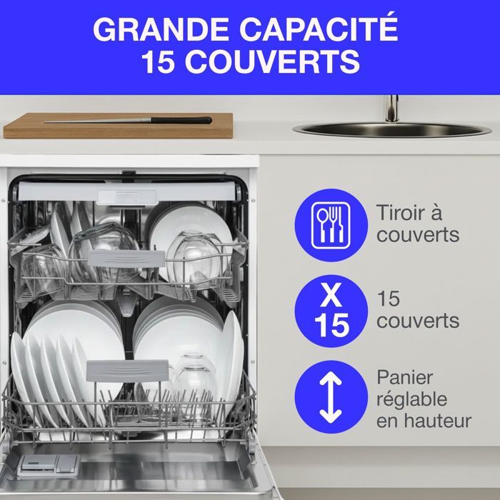 Lave-vaisselle pose libre CONTINENTAL EDISON - 15 couverts - Largeur 59,8 cm - Classe D - moteur induction - 39 dB - Blanc