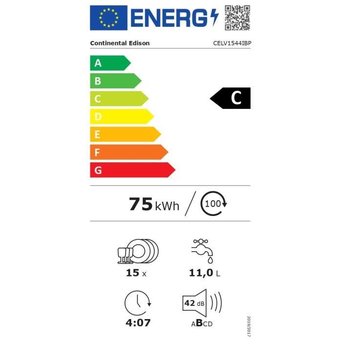 Lave-vaisselle pose-libre - CONTINENTAL EDISON - CELV1544IBP - 15 couverts - Inverter - 60 cm - 42 dB - Noir mat