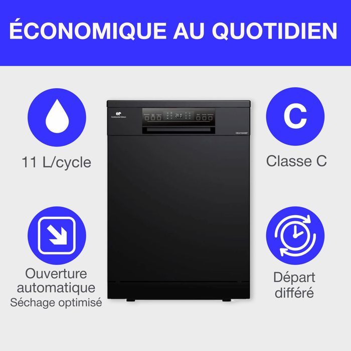 Lave-vaisselle pose-libre - CONTINENTAL EDISON - CELV1544IBP - 15 couverts - Inverter - 60 cm - 42 dB - Gris anthracite