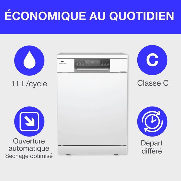 Lave-vaisselle pose-libre - CONTINENTAL EDISON - CELV1544IWP - 15 couverts - Inverter - 60 cm - 42 dB - Blanc