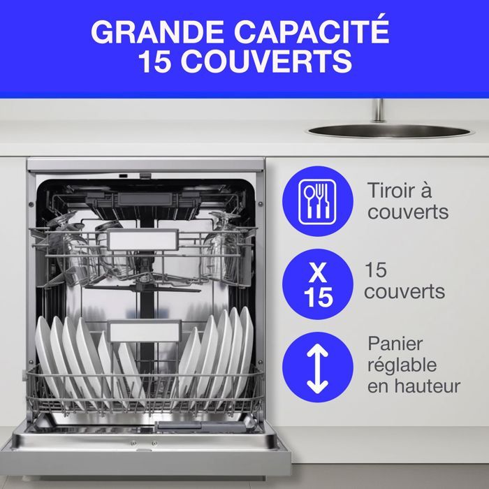 Lave-vaisselle pose libre CONTINENTAL EDISON CELV1544IXP - 15 couverts - 42dB-Silver