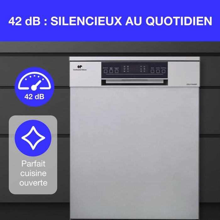 Lave-vaisselle pose libre CONTINENTAL EDISON CELV1544IXP - 15 couverts - 42dB-Silver