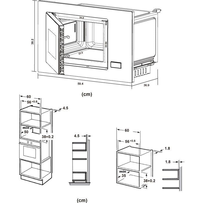 Micro-ondes encastrable sans plateau tournant -Flatbed CONTINENTAL EDISON -CEMO26GEFB - Noir - 1450 W - 26 L - 59,5 x 36,9 x 38,2 cm