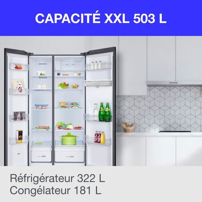 Réfrigérateur américain - CONTINENTAL EDISON - CERA505NFBD - 503 L - Total No Frost (Sans givre) - Classe D - L92 x H177 cm - Noir