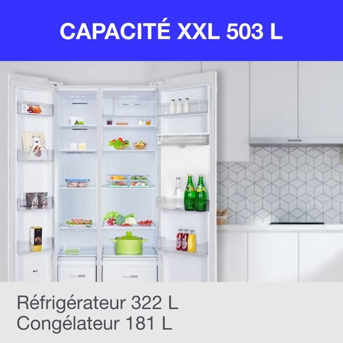 Réfrigérateur américain - CONTINENTAL EDISON - CERA505NFWD - 503 L - Total No Frost (Sans givre) - Classe D - L92 x H177 cm - Blanc