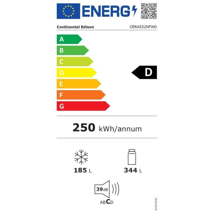 Réfrigérateur américain - Continental Edison - CERA532NFWD - 2 portes - 529 L - L90 x 177 cm - Classe D - Blanc