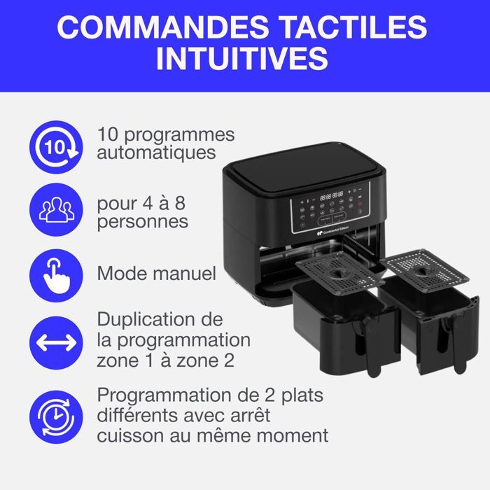 Airfryer Friteuse a Air Sans huile CONTINENTAL EDISON - CERFRSH24002CB - 9 L - Double bacs - 2400W - Noir