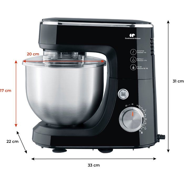 Robot pâtissier - CONTINENTAL EDISON - CERP800B2 - 800 W - 4,3 L - 10 vitesses + pulse - Noir