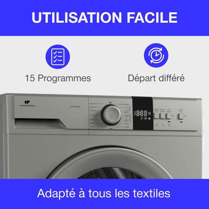 Seche-linge pompe a chaleur CONTINENTAL EDISON CESL10PCS2 - 10 kg - 60 cm - Classe E - Silver