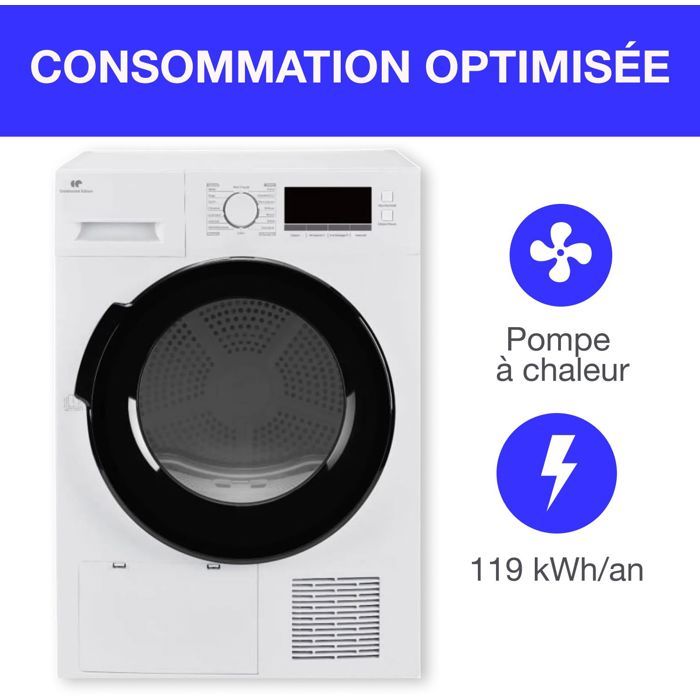 Seche-linge pompe a chaleur CONTINENTAL EDISON CESL8PCWD - 8 kg - 60 cm - Classe D - Blanc