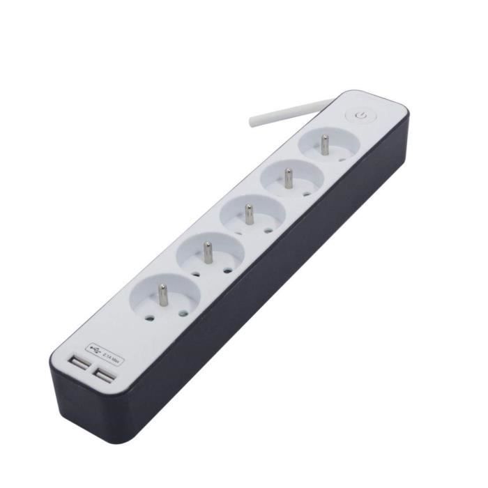 CHACON Bloc multiprise 5 prises 16 A avec 2 ports USB et c‚ble 1,5 m HO5VV-F 3x1,5 mm≤ blanc et gris