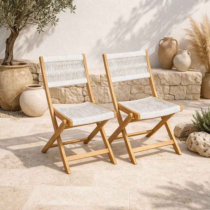 Lot de 2 chaises de jardin pliantes - AWANA - Bois d'acacia FSC - Cordage tressé - 52 x 48 x 85 cm