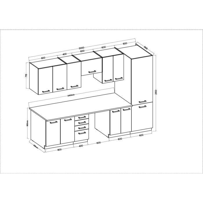 CHAMONIX Cuisine complete 300cm 8 ÈlÈments - DÈcor chene clair - L300 x P52 x H82 cm - Plan de travail non inclus