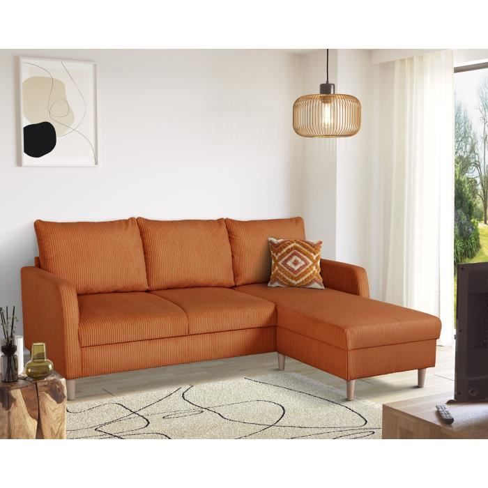 Canapé d'angle fixe - 3 places - CHIPY - Tissu Lincoln Terracotta - Pieds bois nature - 192 x 82 x 138 cm