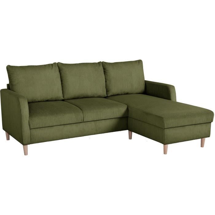 Canapé d'angle fixe - 3 places - CHIPY - Tissu Lincoln Kaki - Pieds bois nature - 192 x 82 x 138 cm