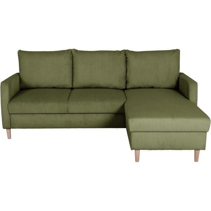Canapé d'angle fixe - 3 places - CHIPY - Tissu Lincoln Kaki - Pieds bois nature - 192 x 82 x 138 cm