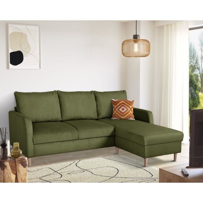 Canapé d'angle fixe - 3 places - CHIPY - Tissu Lincoln Kaki - Pieds bois nature - 192 x 82 x 138 cm