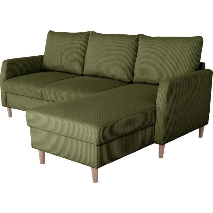 Canapé d'angle fixe - 3 places - CHIPY - Tissu Lincoln Kaki - Pieds bois nature - 192 x 82 x 138 cm