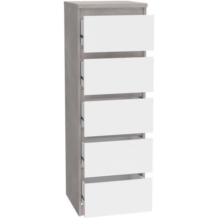 Commode CHELSEA 5 tiroirs - 41,8 cm - DÈcor optique bÈton clair KILOX et blanc mat