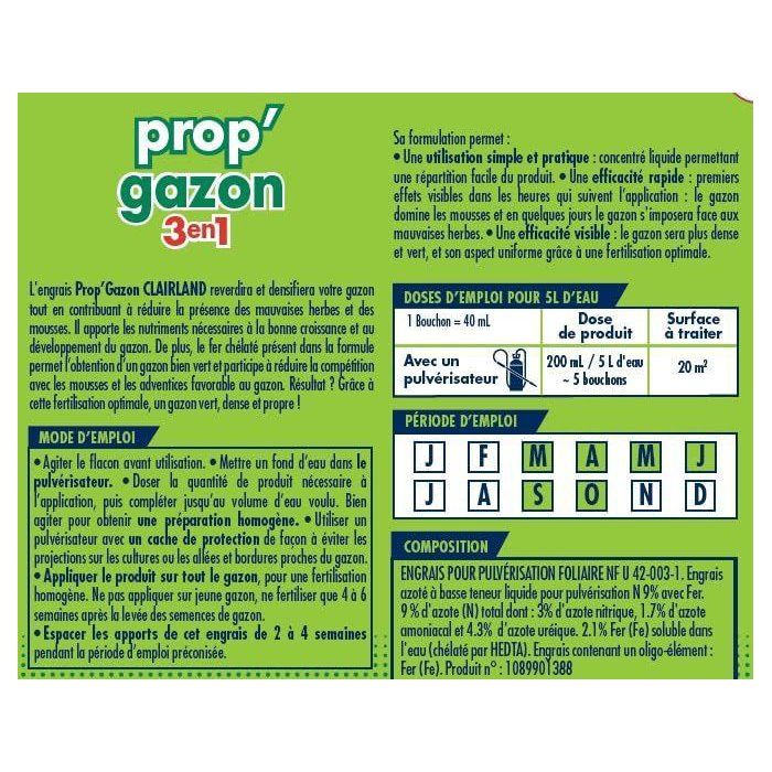 Engrais gazon Liquide - CLAIRLAND - Prop'Gazon - 3 en 1 - Concentré - 2,5 L