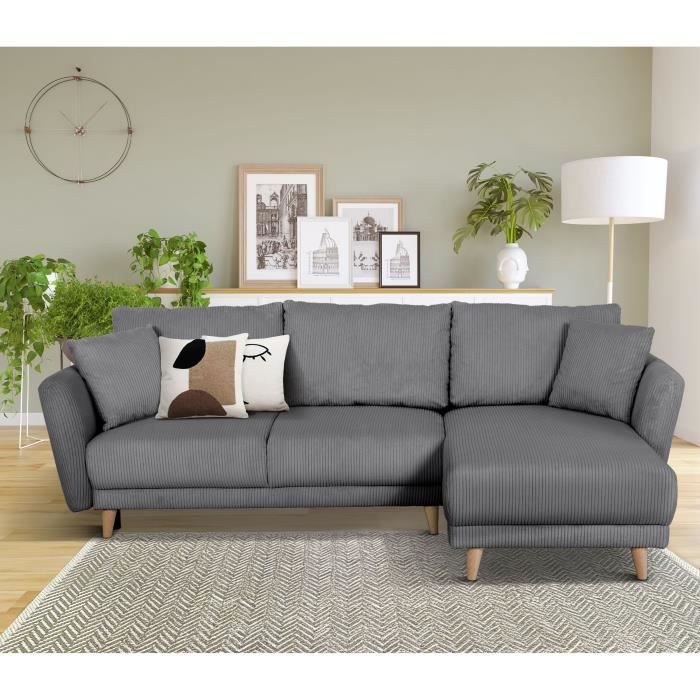 Canapé d'angle convertible réversible - 3 / 4 places - CLAUDIUS - Tissu Velours côtelé Anthracite - Coffre - 244 x 158 x 86 cm