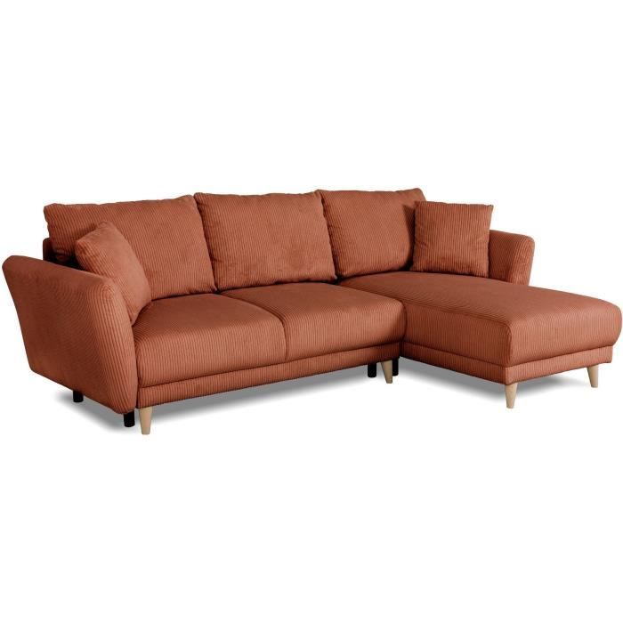 Canapé d'angle convertible réversible - 3 / 4 places - CLAUDIUS - Tissu Velours côtelé Terracotta - Coffre - 244 x 158 x 86 cm