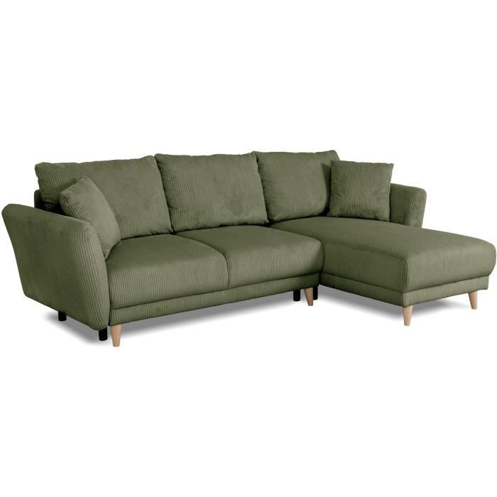 Canapé d'angle convertible réversible - 3 / 4 places - CLAUDIUS - Tissu Velours côtelé Kaki - Coffre - 244 x 158 x 86 cm