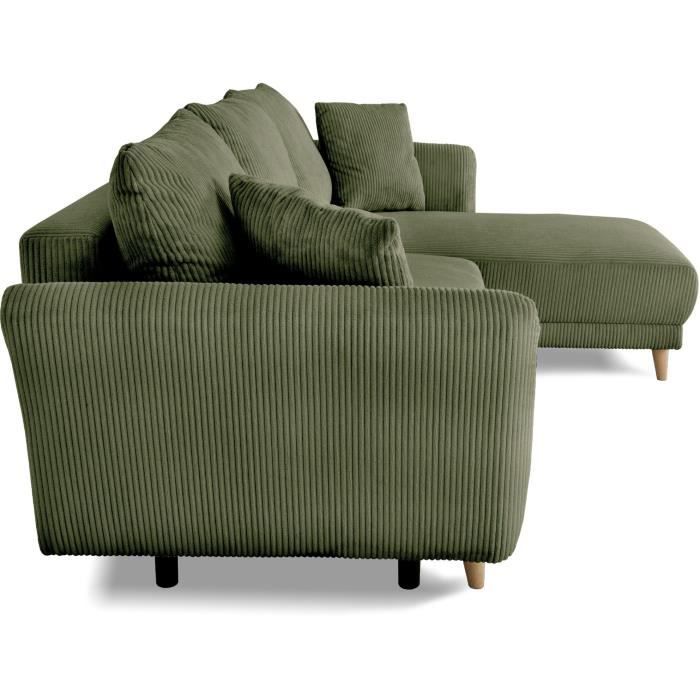 Canapé d'angle convertible réversible - 3 / 4 places - CLAUDIUS - Tissu Velours côtelé Kaki - Coffre - 244 x 158 x 86 cm