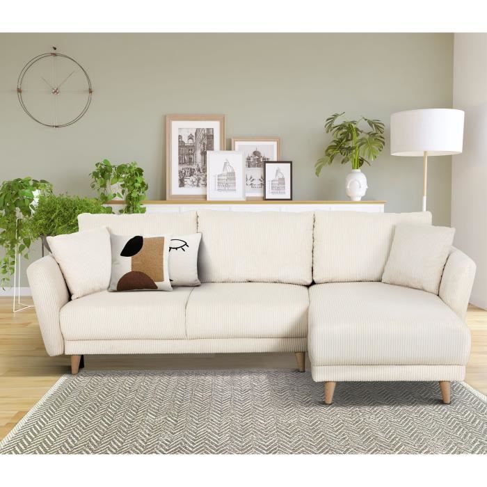 Canapé d'angle convertible réversible - 3 / 4 places - CLAUDIUS - Tissu Velours côtelé beige - Coffre - 244 x 158 x 86 cm