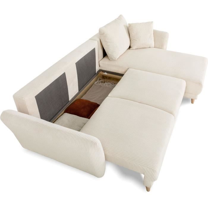 Canapé d'angle convertible réversible - 3 / 4 places - CLAUDIUS - Tissu Velours côtelé beige - Coffre - 244 x 158 x 86 cm