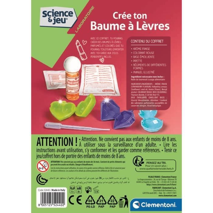 Clementoni - Science & Jeu - Coffret scientifique création de baumes a levres - Dés 8 ans