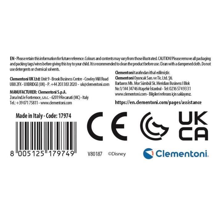 Clementoni - Bus Stitch Clemmy - 6 cubes souples a empiler - 2 figurines - Éveil sensoriel et motricité fine - Pour bébé des 6 mois