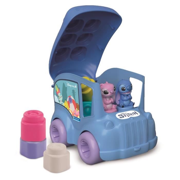 Clementoni - Bus Stitch Clemmy - 6 cubes souples a empiler - 2 figurines - Éveil sensoriel et motricité fine - Pour bébé des 6 mois