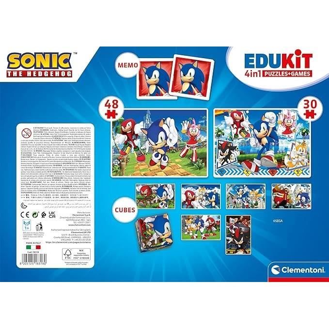 Clementoni - Edukit - Sonic - Coffret apprentissage 4 en 1 - 2 puzzles, 1 mémo, 1 jeu de 6 cubes - Fabriqué en Italie -Dés 4ans