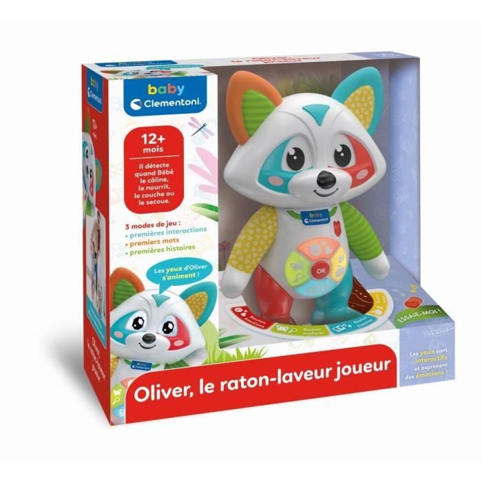 Baby Clementoni - Oliver, le raton-laveur joueur - Jeu intéractif - 4 modes de jeux : Émotions, Repas, Histoire et Exploration.