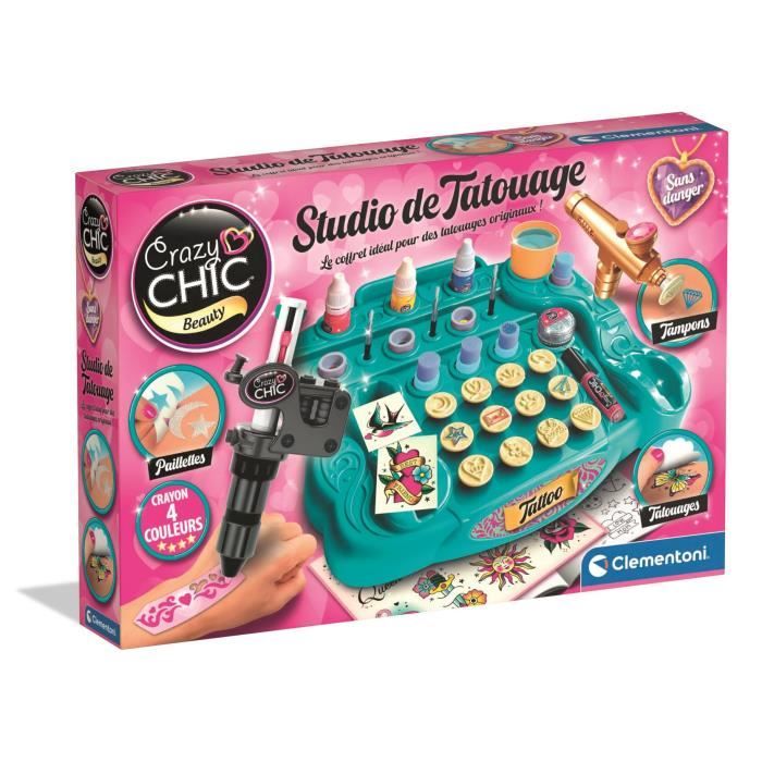 CLEMENTONI - Studio de tatouage temporaires pour enfant - Kit complet - Pochoirs, peintures corps et transfert - Des 7 ans