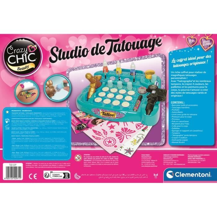 CLEMENTONI - Studio de tatouage temporaires pour enfant - Kit complet - Pochoirs, peintures corps et transfert - Des 7 ans