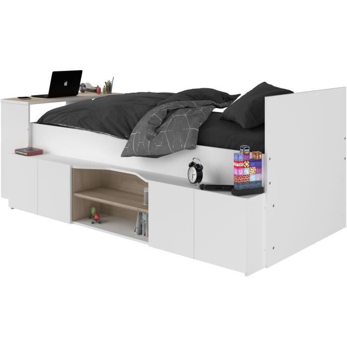 Lit combinÈ enfant avec rangements et bureau CLoe - 90 x 200 cm - DÈcor blanc et chene - PARISOT