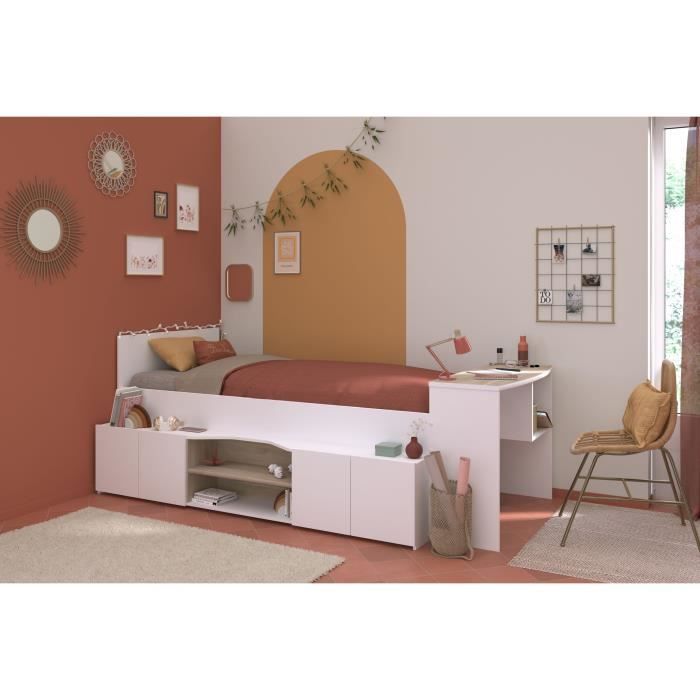 Lit combinÈ enfant avec rangements et bureau CLoe - 90 x 200 cm - DÈcor blanc et chene - PARISOT