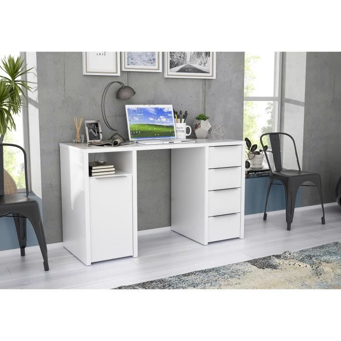 BILBAO Bureau 1 porte 4 tiroirs - DÈcor papier blanc - L 125 x P 50 x H 75 cm