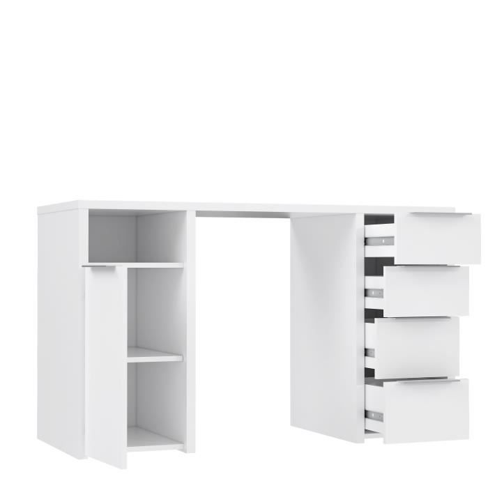 BILBAO Bureau 1 porte 4 tiroirs - DÈcor papier blanc - L 125 x P 50 x H 75 cm