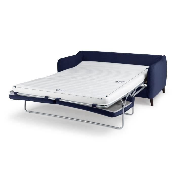 HEXAGONE CanapÈ convertible couchage express - 3 places - Velours bleu nuit - L 182 x P 85 x H 97 cm - CLYDE